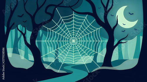 Tapety artystyczne Spider web between tree silhouettes at night