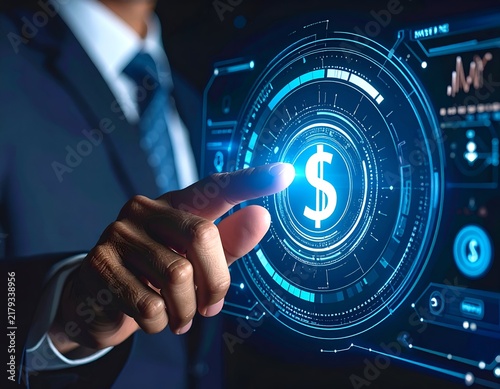 A person in a suit interacting with a glowing digital screen with a dollar symbol