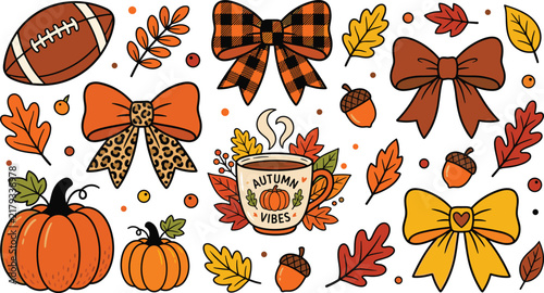 Cozy autumn stickers elements set featuring orange plaid and leopard print bows pumpkins hot coffee mug football ball and colorful oak leaves