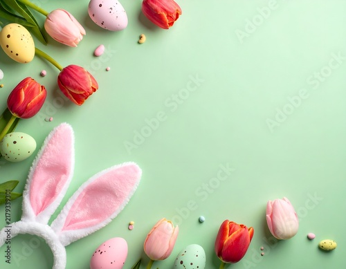 Pastel Easter-themed arrangement with tulips, eggs, and bunny ears on a green backdrop