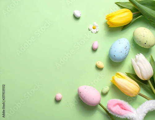 Springtime arrangement with tulips, pastel eggs, bunny ears, and small daisy on a green backdrop