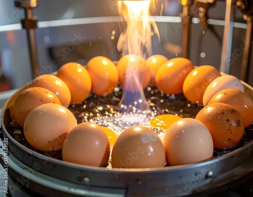 A dozen eggs in a circular cooker, exposed to flames, preparing a unique breakfast