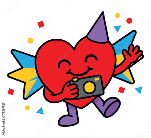 Cute Heart Photographer With Camera and Party Hat Celebrating Birthday Kawaii Cartoon Illustration