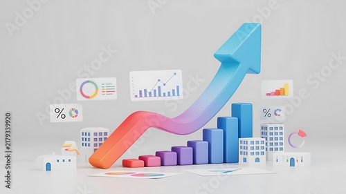 3D Business Growth Concept with Rising Financial Bar Chart Arrow and Digital Data Analytics Infographics