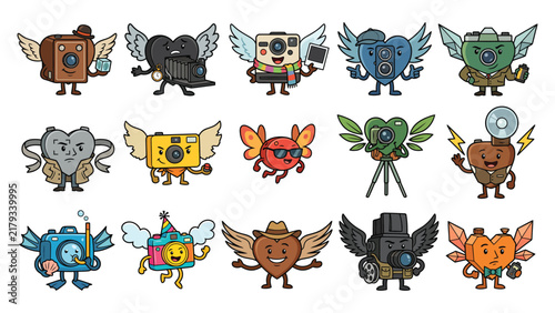 Cute Vintage and Modern Camera Mascot Characters With Wings Cartoon Photography Equipment Illustration Set