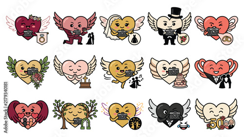 Cute Winged Heart Wedding Photographer Characters With Bride, Groom and Camera Cartoon Illustration Set