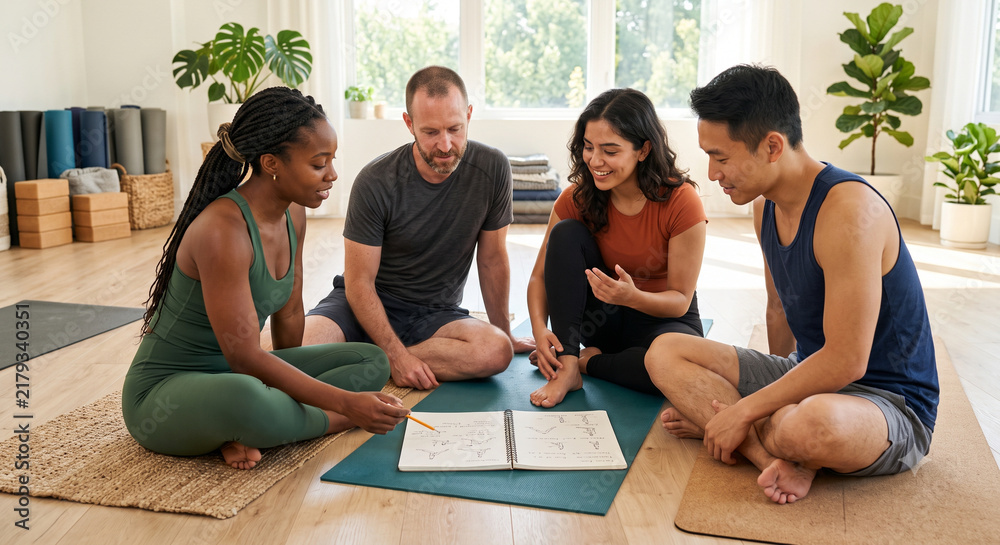 Fototapeta premium Diverse yoga instructors planning new sequence on mats in bright studio.