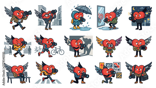 Winged Heart Street Photographer Characters Capturing Urban Life and City Scenes Cartoon Illustration Set