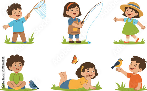 Cartoon illustration set of cute children exploring nature catching butterflies fishing and interacting with birds isolated on a white background vector