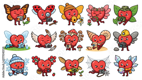 Cute Heart Nature Photographer Characters Exploring Insects, Flowers and Macro Subjects Cartoon Illustration Set
