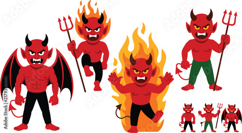 Cartoon red devil character set featuring multiple poses with horns pitchfork wings and fire flames isolated on a white background vector illustration