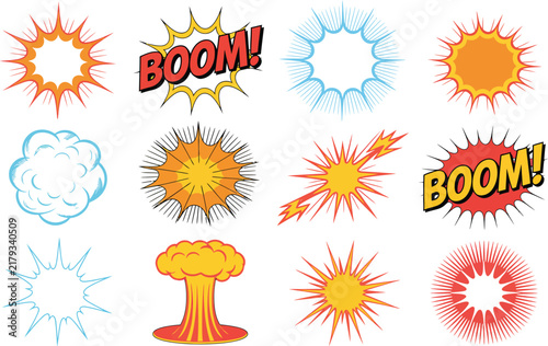Comic book explosion effects vector set with boom text cloud bursts speech bubbles atomic mushroom cloud and starburst shapes isolated on white background