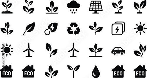 Ecology and green energy black silhouette icon set featuring leaves wind turbines solar panels eco houses and recycling symbols isolated on white background