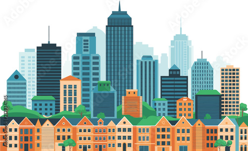 Modern city skyline illustration with high skyscraper buildings and rows of colorful houses in flat vector design style