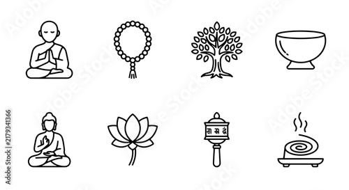 Foto Buddhist Iconography Set: Meditation, Prayer Beads, Sacred Tree, Alms Bowl, Budd