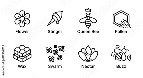 Beehive Icons Set: Queen Bee, Flower, Pollen, Nectar, Wax, Stinger, Swarm, Buzz Vector Graphics. Nature, Entomology, Apiary Symbols.