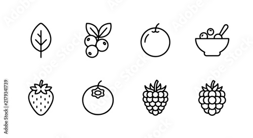 Minimalist Fruit and Berry Icons, 8 Vector Elements for Healthy Food and Diet Graphics, Clean Line Art Style