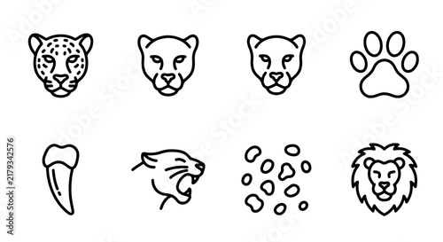 Photography Wild Cat Icons Set: Leopard, Cheetah, Lion Faces, Paw Print, Fang, Roar, Spots,