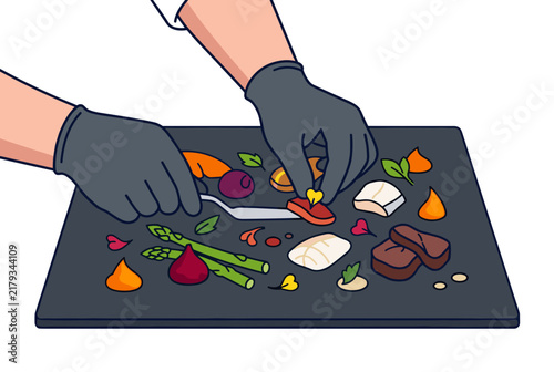 Gloved chef hands carefully arranging colorful gourmet meal components on a dark slate plate, concept of fine dining precision and creative food presentation