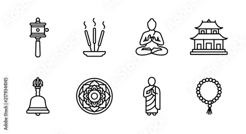 Принти на полотні Buddhist Icons Set: Prayer Wheel, Incense, Meditation, Temple, Bell, Mandala, Monk, Mala Beads