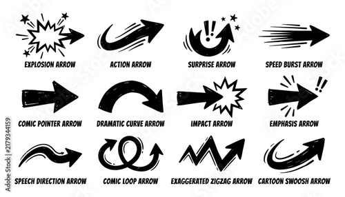 Set of hand-drawn comic style cartoon arrows with dynamic action shapes and sound effects
