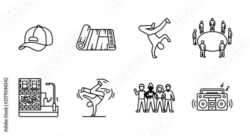 Принти на полотні Urban Hip Hop Culture Icons: Breakdancing, Graffiti, Boombox, Group, and City El