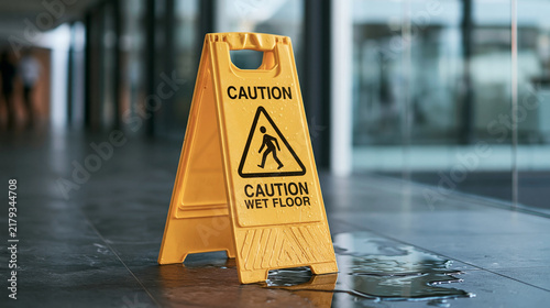 Caution wet floor sign in a new corporate building