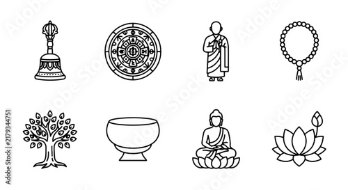 Foto Buddhist Iconography Vector Set: Dharma Wheel, Bell, Monk, Prayer Beads, Bodhi T
