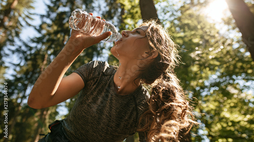 Woman, drinking water and fitness in nature for hydration, electrolytes and body detox, Low angle, runner and thirsty in forest with H2O, exercise break and liquid for gut health or digestion aid