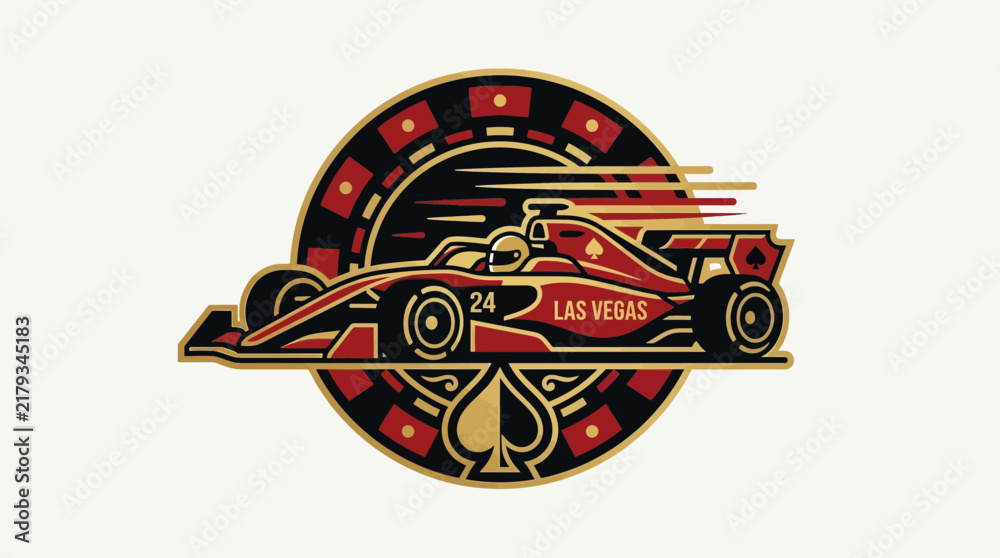 Obraz premium An elegant flat design icon combining a Formula 1 race car with subtle Las Vegas gambling motifs, perfect for branding or event promotion. It captures the unique fusion of speed and entertainment.