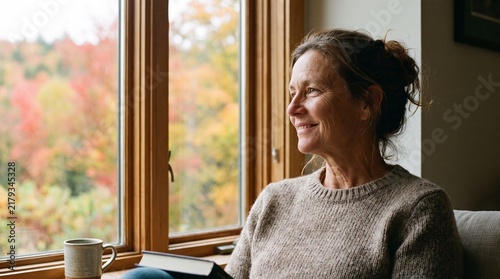 Smiling Woman Gazing at Vibrant Fall Trees Through a Warm Window