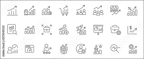 Business growth line icon set. Featuring sales growth, data analytics, market expansion, and performance tracking. Vector icons for investor decks, web portals, and CRM apps.