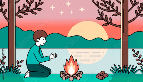 Young man sitting by campfire at sunset near a lake in the forest, Flat Vector Style