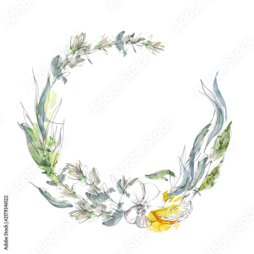 Citrus fruit, garlic cloves, tarragon, thyme fresh culinary herbs, seasonal harvest aromatic foliage, natural Mediterranean flavors. Isolated hand drawn pencil, watercolor frame. Regional cuisine menu
