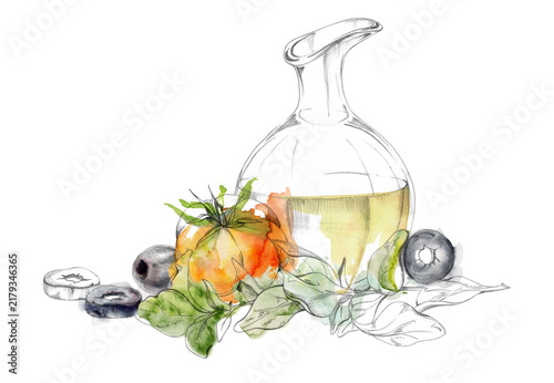 Tomato, basil, olive oil fresh pesto, pizza vegetables, aromatic herbs and spice, kitchen harvest arrangement with edible plants, seasoning. Isolated hand drawn pencil and watercolor illustration.