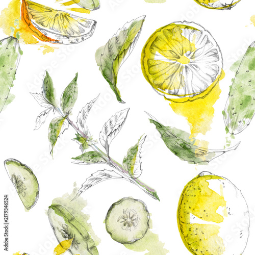 Fresh culinary melissa, spearmint, peppermint herbs, cucumber vegetables, lemon citrus fruit. Edible garden seamless pattern hand drawn in pencil and watercolor. Fabric design, hospitality interiors