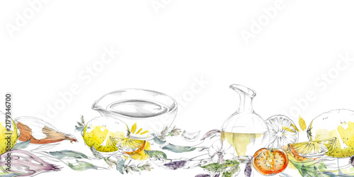 Mediterranean cuisine ingredients, fresh vegetables, aromatic herbs, olive oil, spices and traditional cooking elements seasonal produce. Isolated hand drawn pencil and watercolor seamless banner.