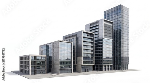 a 3d perspective render of modern glass office buildings in ascending height order on white