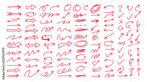 Red hand drawn arrows set, doodle arrows collection, hand drawn pointing symbols, casual red sketches for design