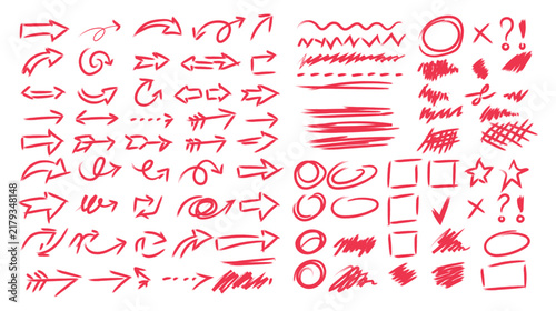Hand drawn arrows vector set. Red sketch pointers and navigation signs design elements.