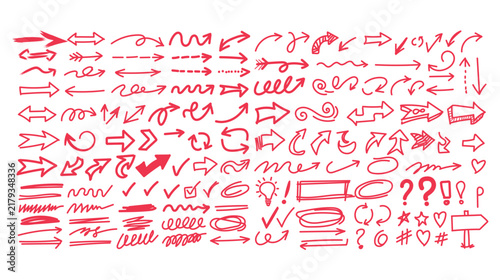 Red hand-drawn doodle arrow collection, sketchy arrows and sign icons. Curved, dashed, and outlined directional symbols. Vector elements for presentations, infographics