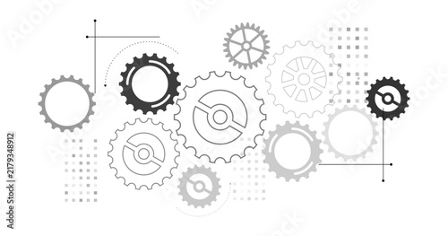 An abstract vector background showcasing a network of monochrome gears and cogs, illustrating industrial design, engineering processes, and business teamwork concepts.