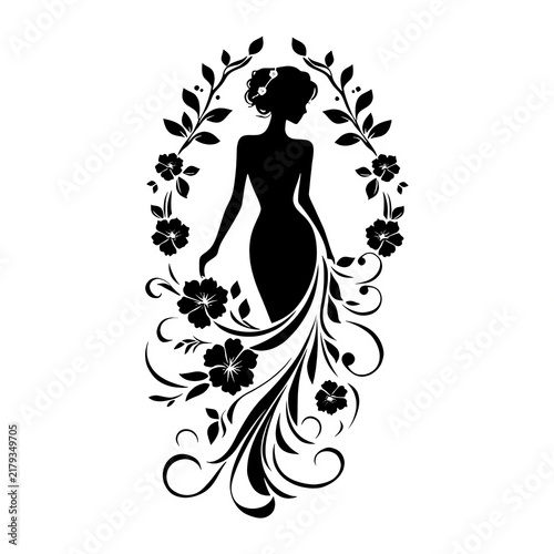 Elegant Silhouette of a Woman in a Flowing Floral Gown Surrounded by Leafy Wreath Frame