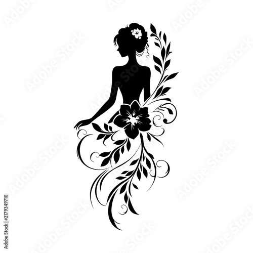 Stylish Woman Silhouette with Abstract Swirling Floral Dress and Leaf Motifs