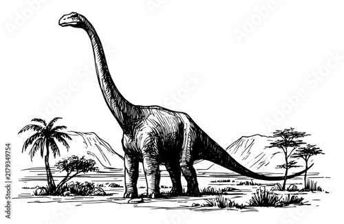 Foto Brachiosaurus long neck dinosaur in prehistoric landscape with palm trees and mo