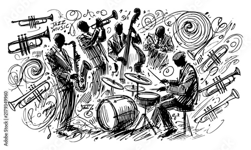 Принти на полотні Jazz band musicians playing instruments in dynamic sketch art style