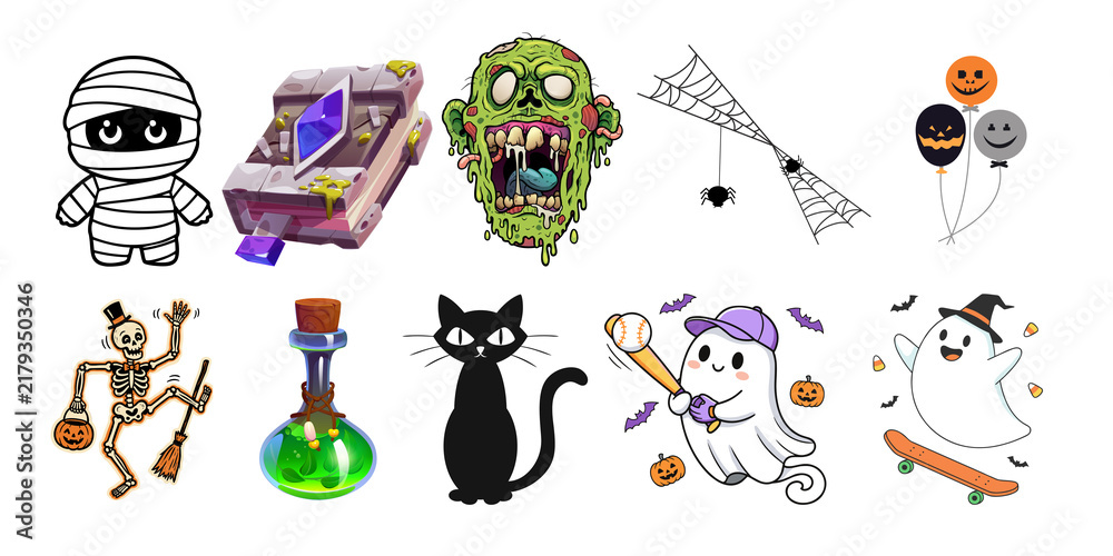 Fototapeta premium Collection of Cute Halloween Spooky Cartoon Characters including Mummy, Ghost, Zombie and Skeleton Clip Art