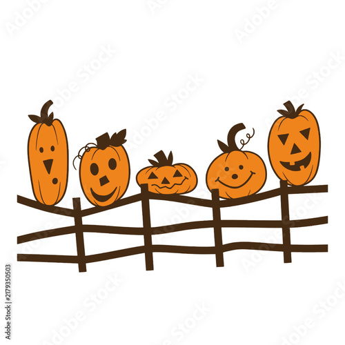 Cute Halloween jack o lantern pumpkins sitting on a wooden fence vector illustration isolated on white background