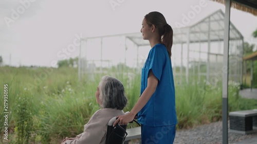 Happy, senior woman and outdoor with caregiver, nurse or healthcare service for person with a disability and wheelchair. Face, smile and elderly lady in park with care or support in retirement
