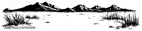 Mountain range panorama with desert shrubs in vintage engraving style